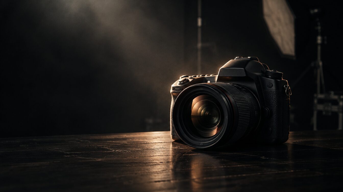A black DSLR camera resting on a dark wooden table in a dimly lit photography studio